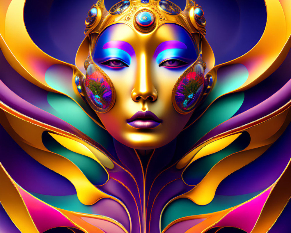 Colorful digital artwork: Face with golden headgear and peacock feathers on petal-like background