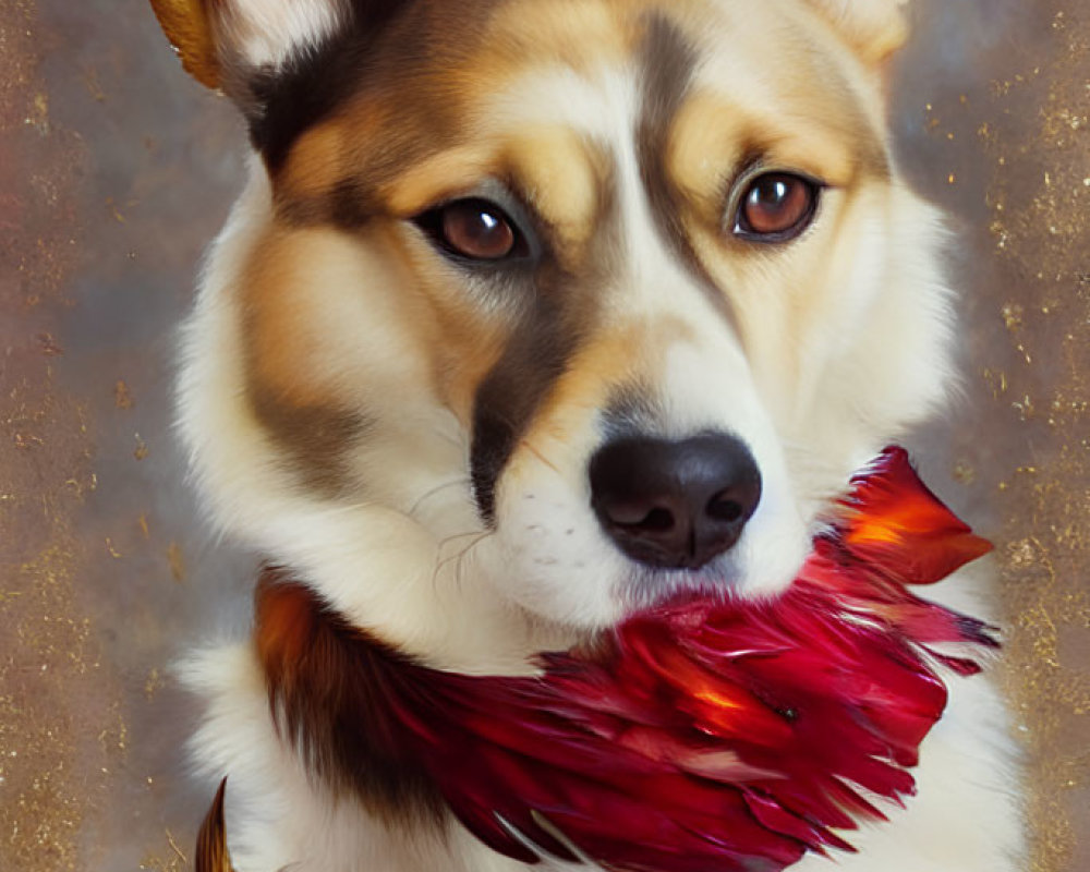 Digital painting of noble Corgi dog with red feathers and golden jewelry on brown background