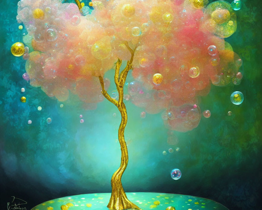 Colorful Tree Illustration with Pink and Yellow Cloud-Like Canopy