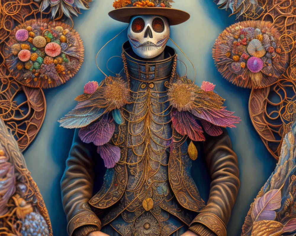 Skeleton Figure in Ornate Vintage Clothing Surrounded by Vibrant Floral Arrangements