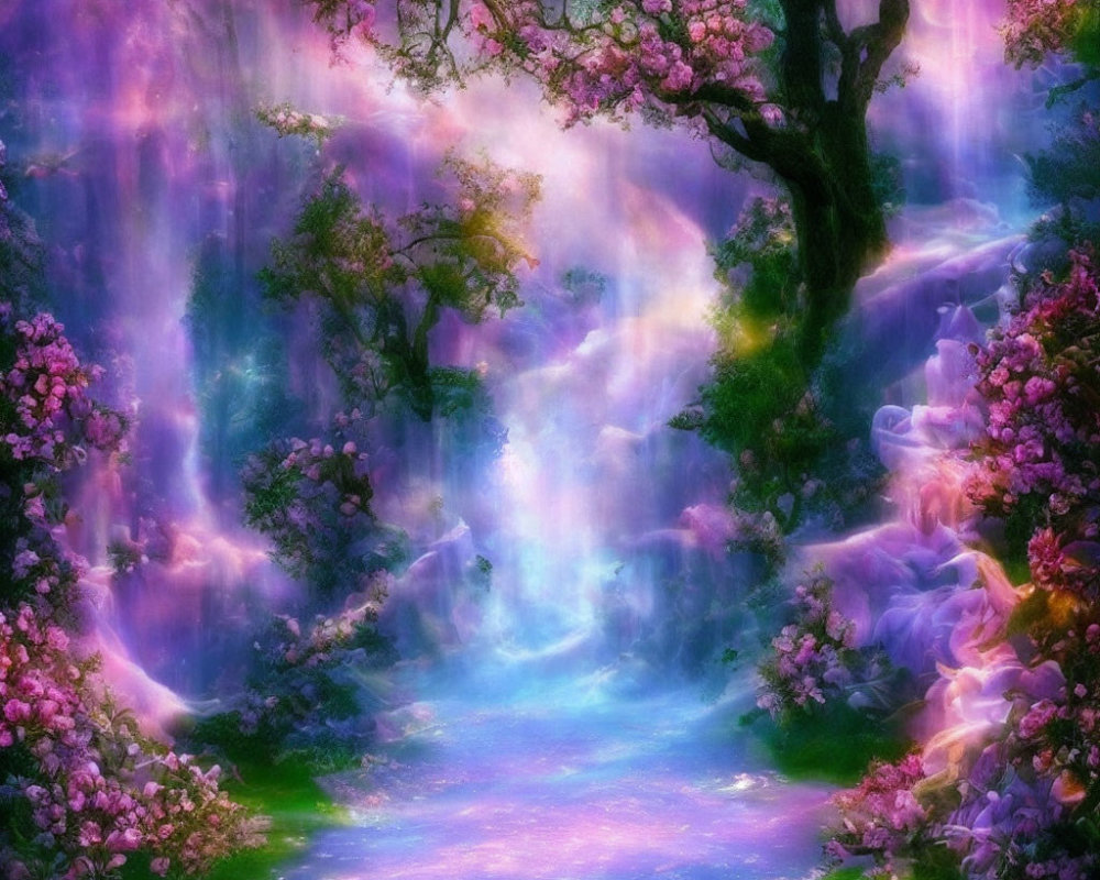 Enchanting Fantasy Forest with Pink Blossoms and Glowing Lights