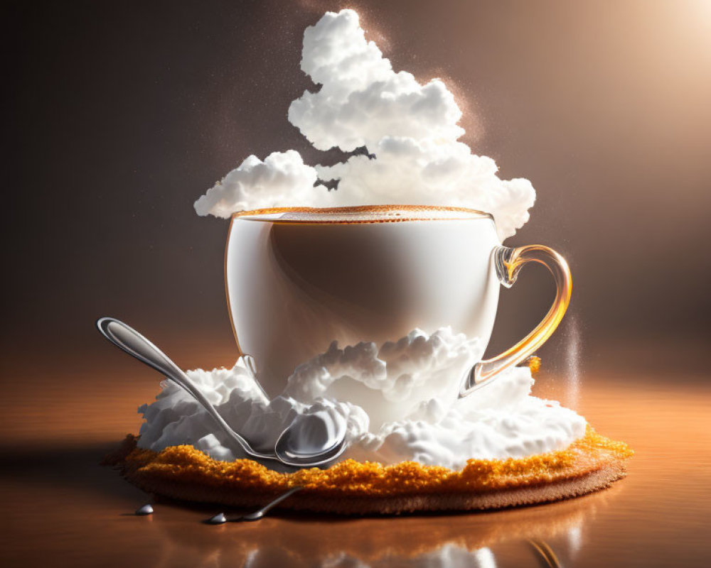 Coffee Cup with Cloud-Shaped Steam, Spoon, Cream on Cookie Base