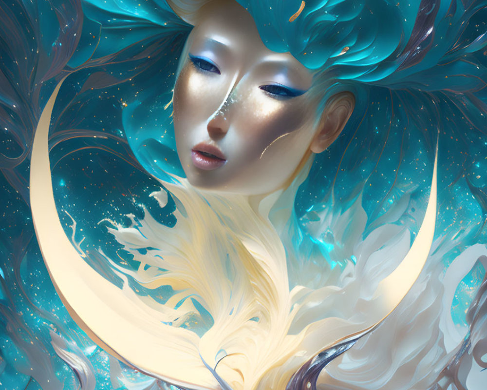 Ethereal figure with pale skin and blue lips in celestial setting.