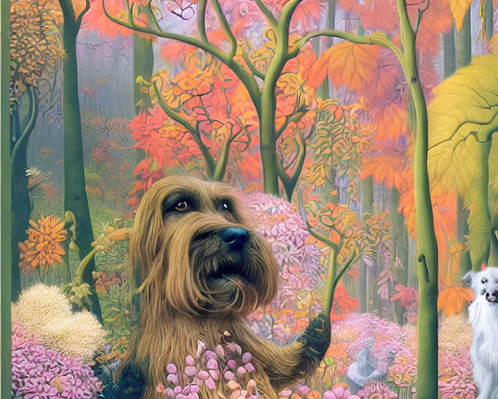 Colorful Forest Scene with Large Fluffy Dog