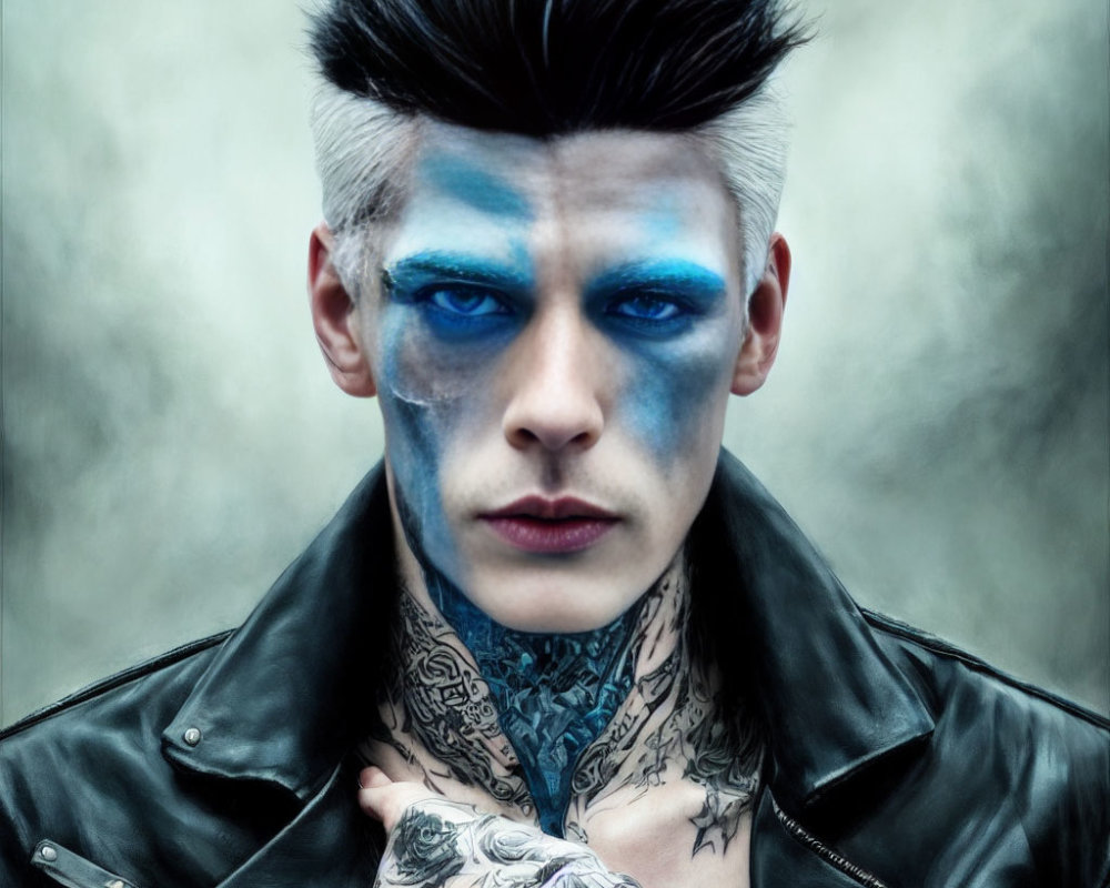 Blue Mohawk Man with Eye Makeup, Leather Jacket, and Neck Tattoos