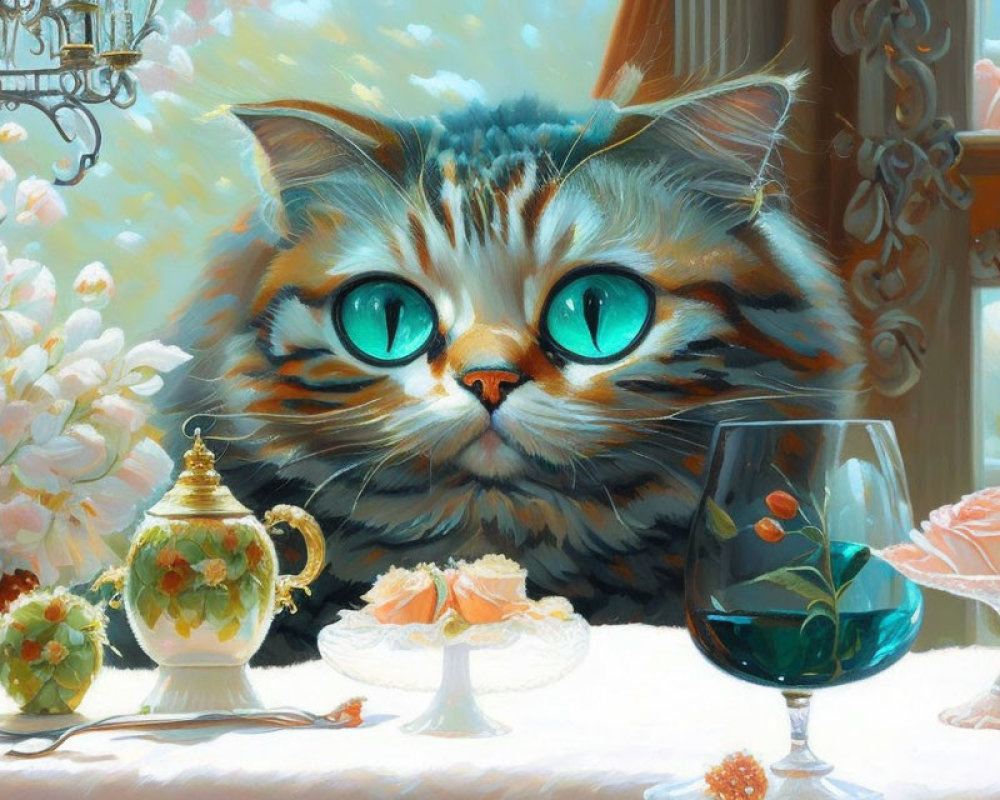 Fluffy Cat with Green Eyes at Decadent Table with Teapot and Wine