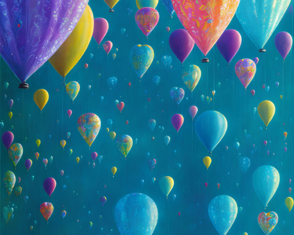 Vibrant heart-shaped balloons with intricate patterns on blue background.