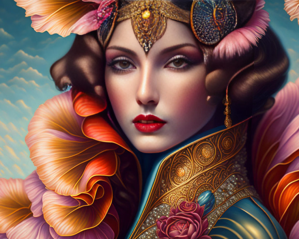 Detailed digital artwork: Woman in ornate headdress, vibrant flowers, and golden armor on sky backdrop