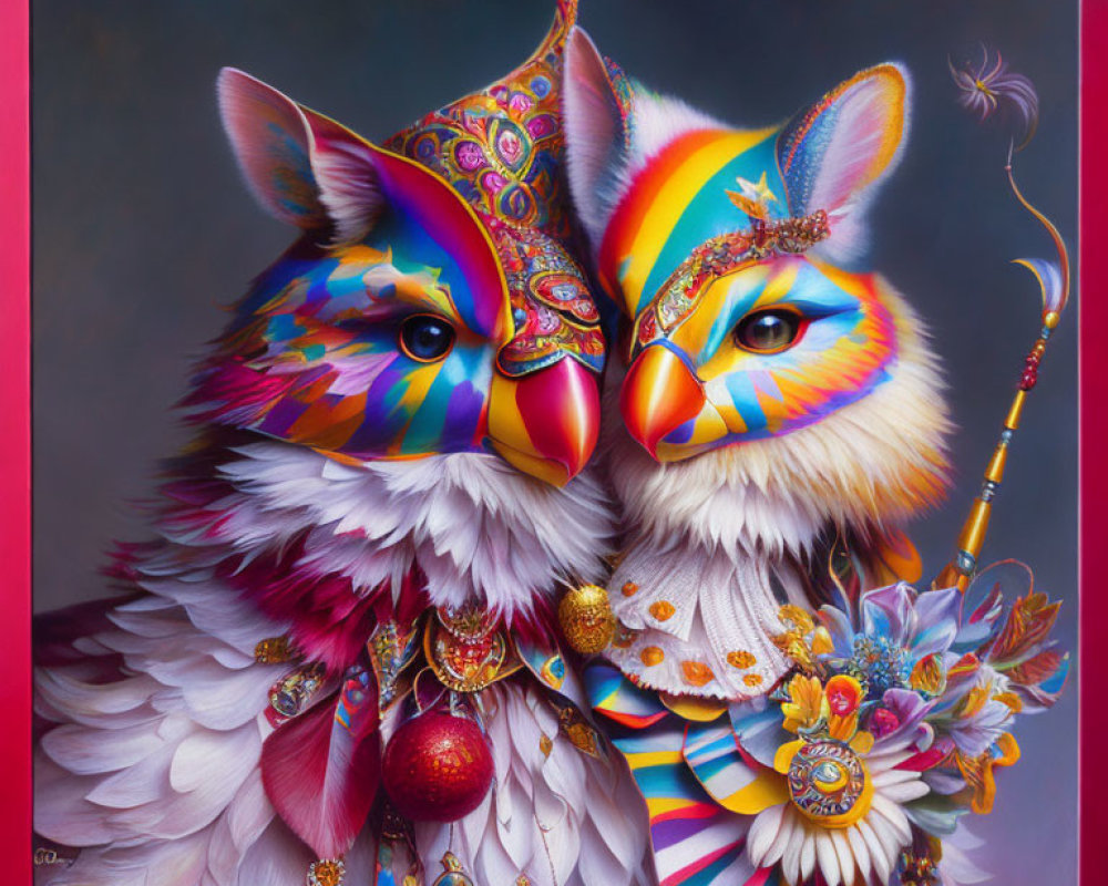 Vibrant painting of stylized owls with elaborate headdresses and floral decorations