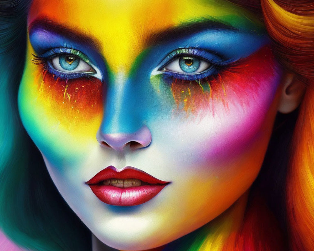 Colorful digital artwork of female face with rainbow makeup and expressive blue eyes