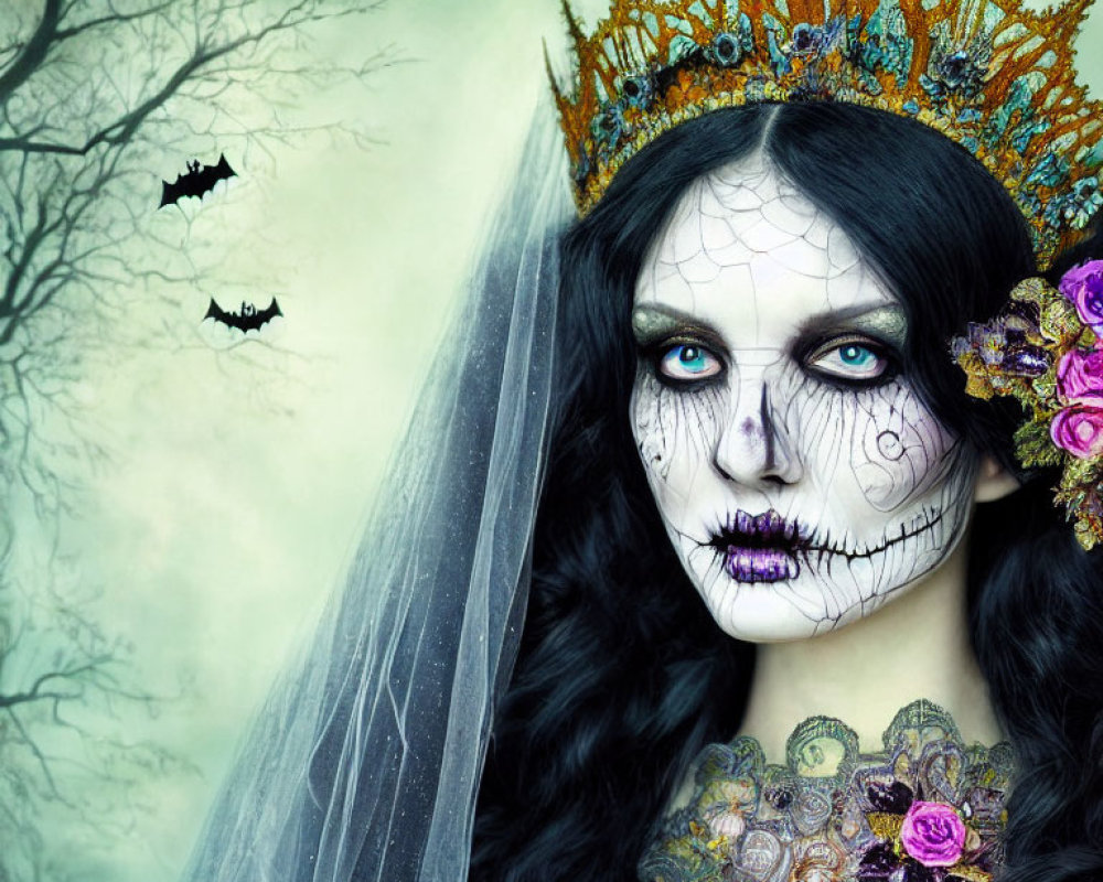 Woman with skull face paint, crown, veil, in spooky forest with bats and flowers