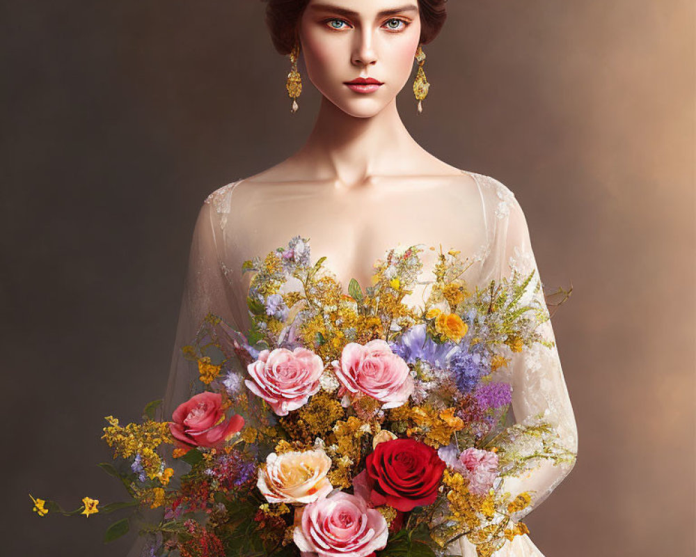 Woman portrait with elegant hairstyle, sheer dress, colorful bouquet, warm background