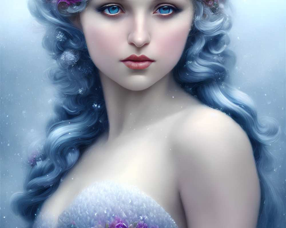 Portrait of Woman with Blue Wavy Hair and Purple Flowers, Piercing Blue Eyes, Snowy Background