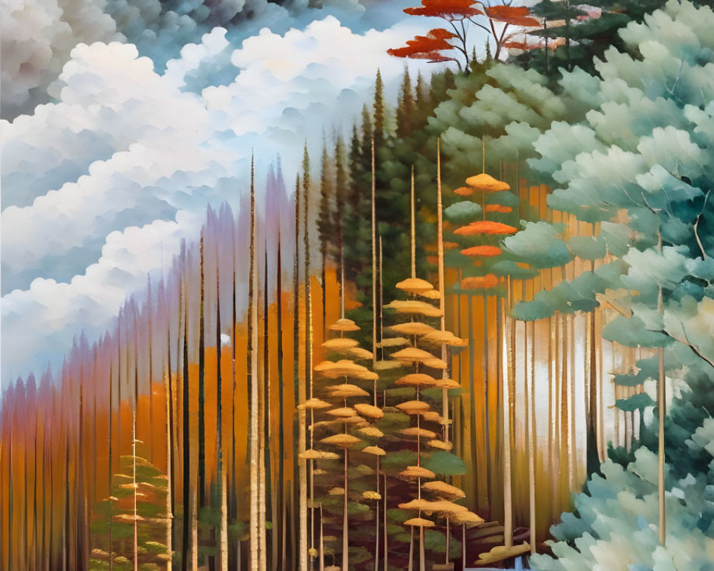 Surreal forest painting with tall trees, waterfall, and autumn foliage