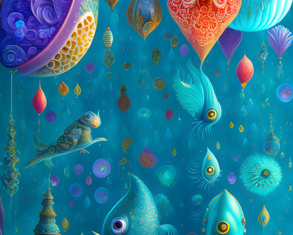 Colorful Illustration of Magical Underwater Scene with Whimsical Fish and Fantastical Flora