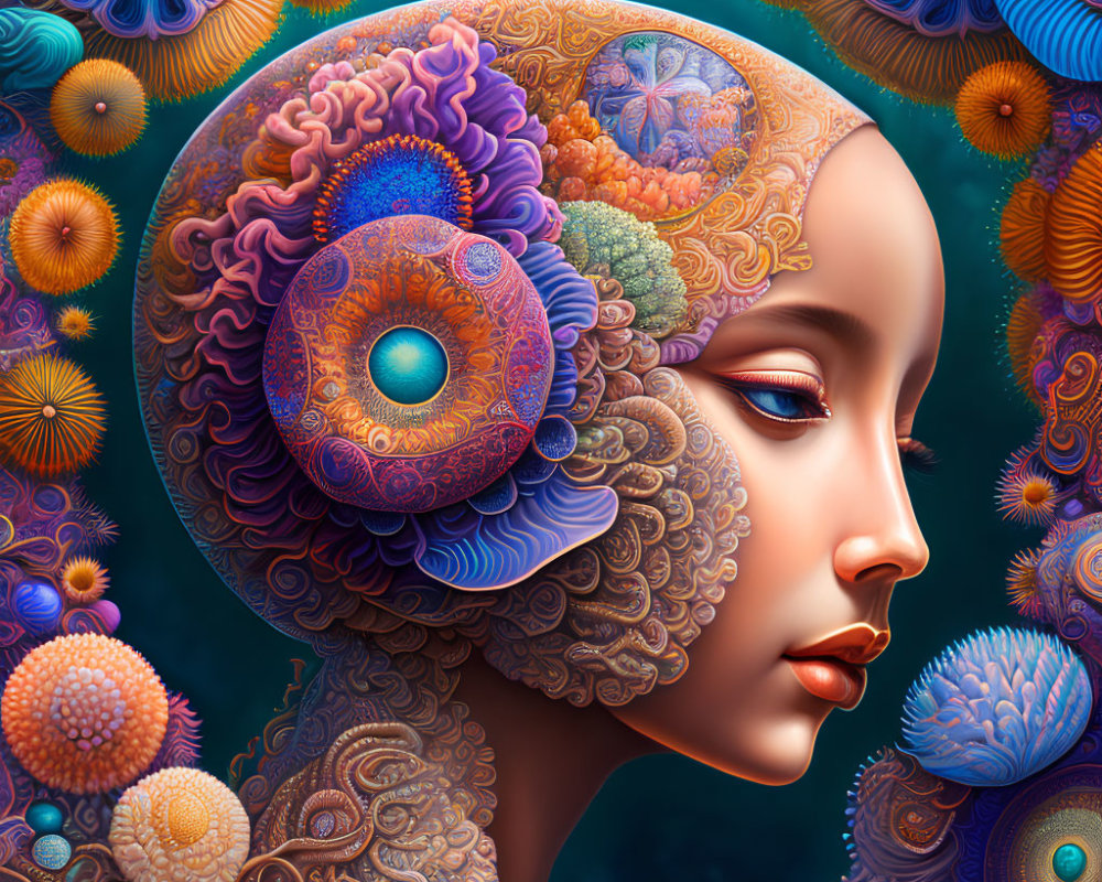 Colorful digital artwork of woman's profile with intricate floral and fractal patterns.