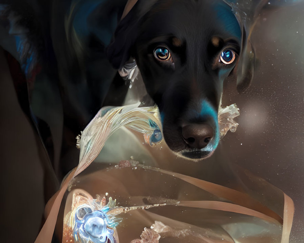 Surreal Dog Artwork with Glossy Eyes and Aquatic Elements