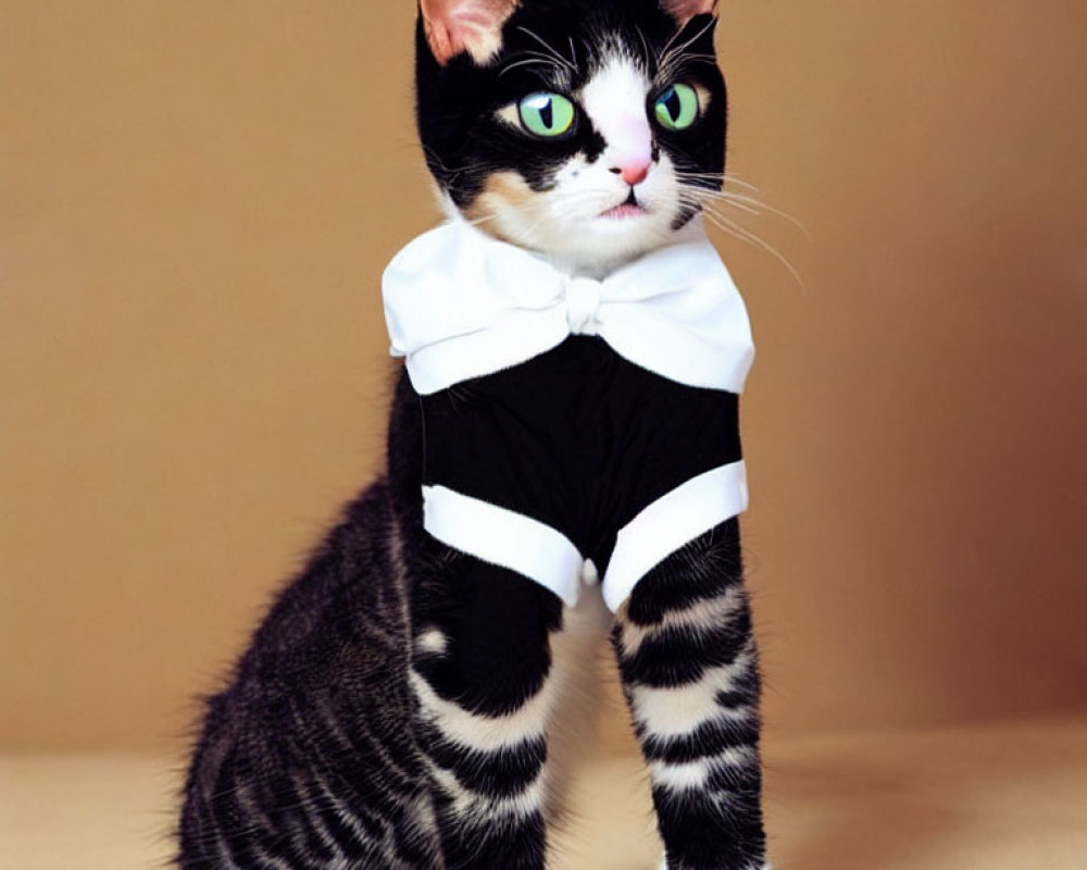 Black and white striped cat in elegant attire with green eyes.