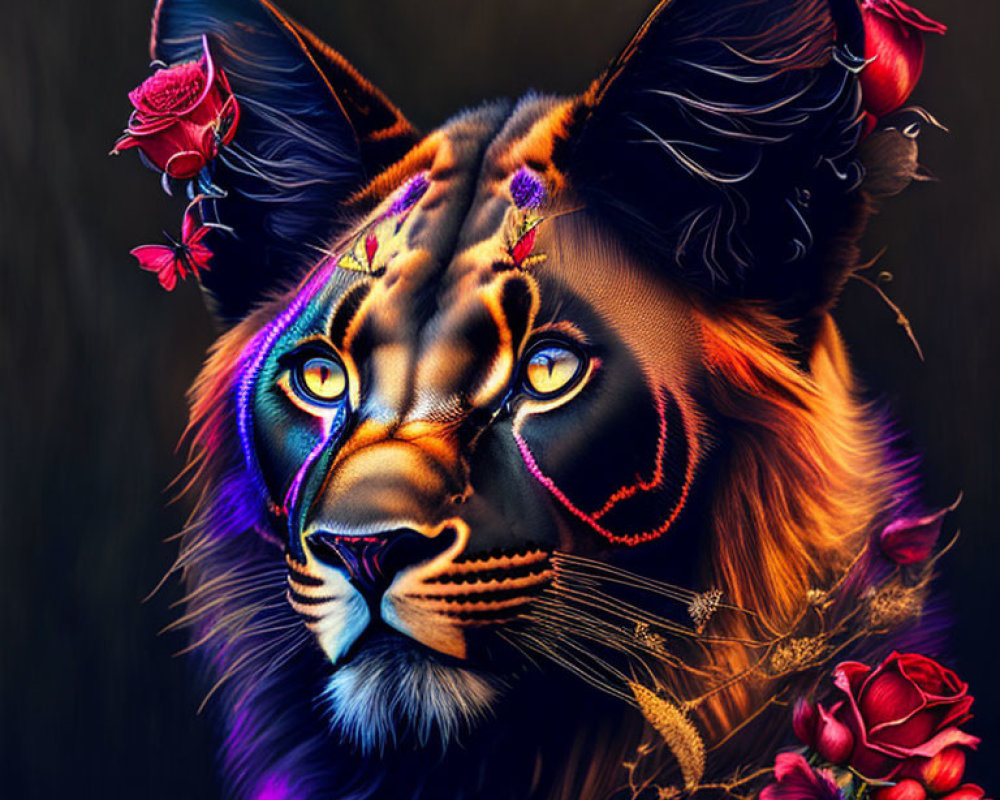 Colorful Feline Portrait with Lion and Tiger Features and Floral Accents