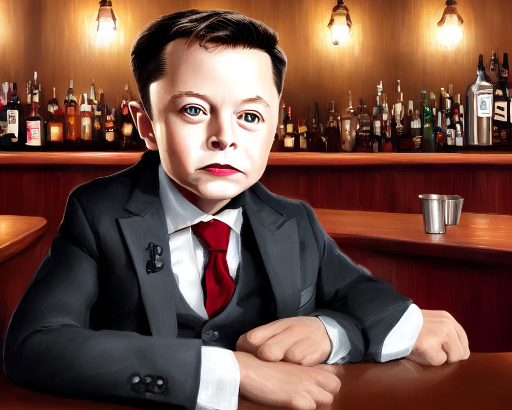 Illustration of young boy in suit with red tie at bar with bottles - adult theme