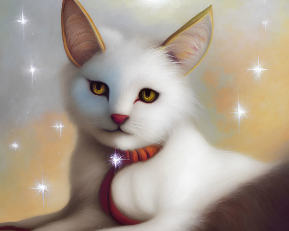 Illustration of white cat with pointy ears and golden eyes on glowing starry background
