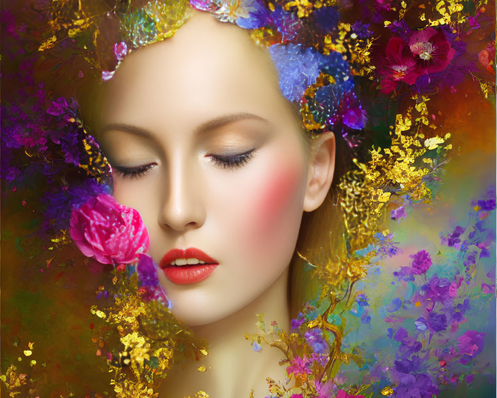 Colorful floral portrait of a woman with closed eyes and golden accents