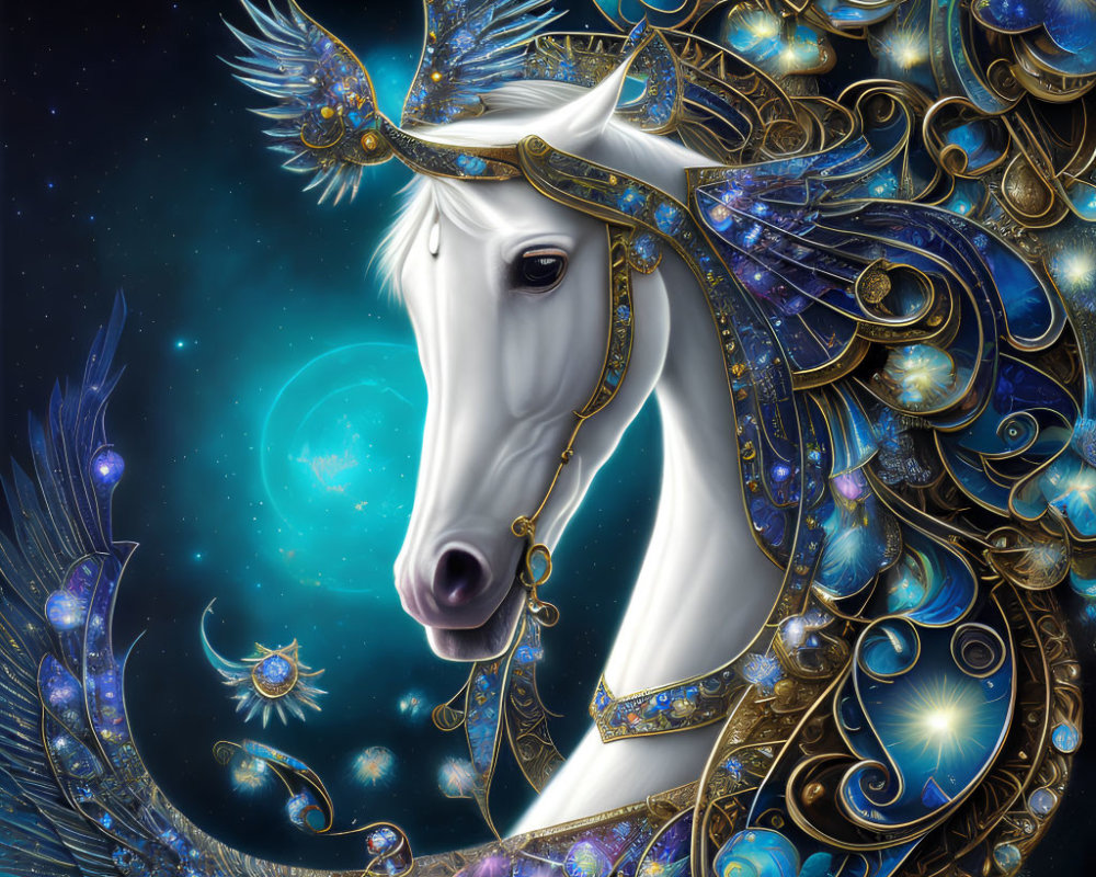 White horse adorned with celestial-themed ornaments on starry backdrop
