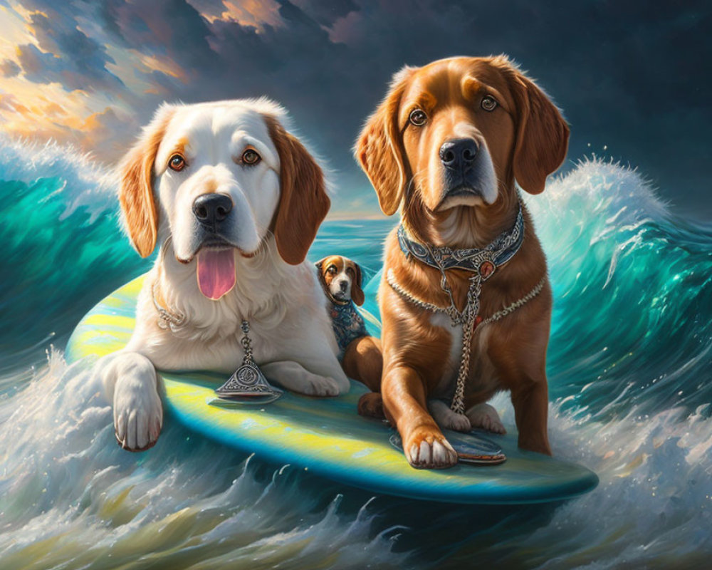 Three dogs on surfboard with ocean wave
