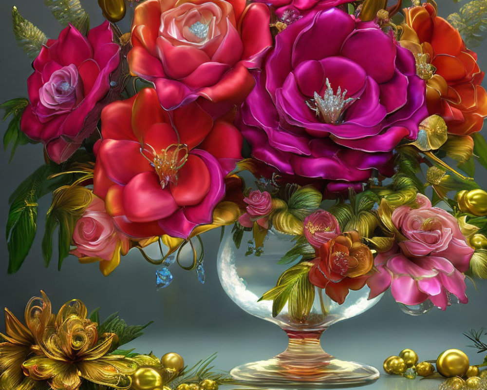 Vivid digital artwork of oversized pink and red roses in a transparent vase