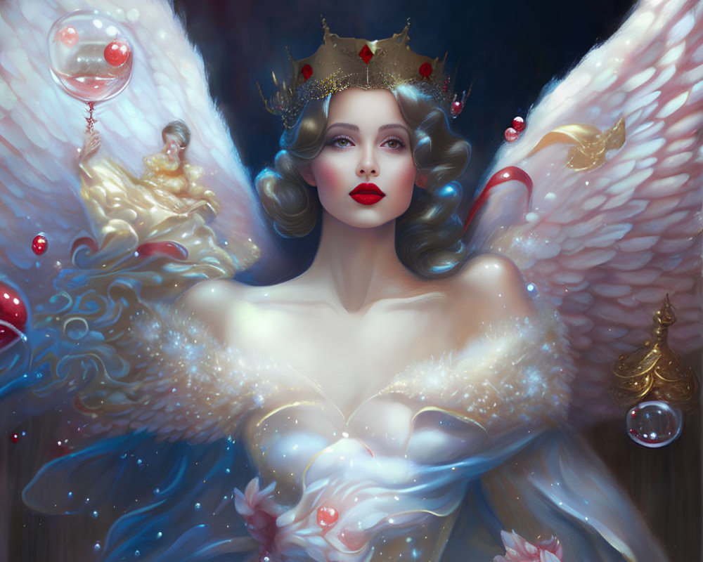 Majestic figure with white wings, golden crown, pearls, flowers, doves, and red