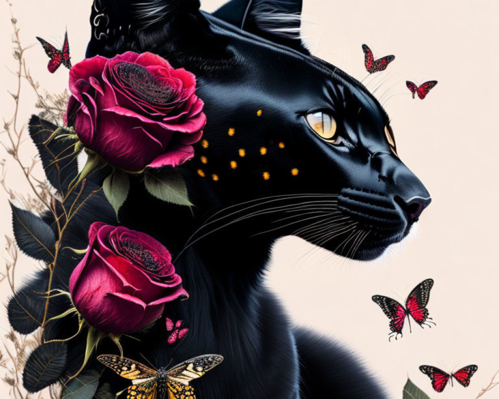 Stylized black cat with golden accents, red roses, and butterflies on pink background