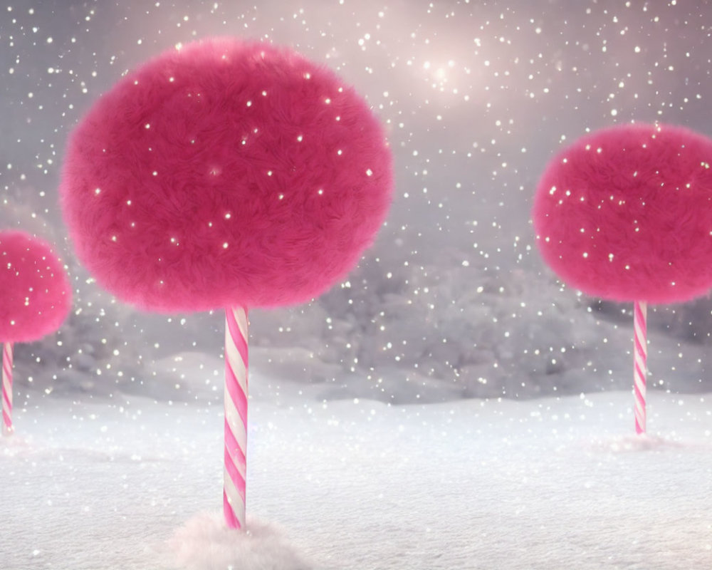 Winter Scene with Pink Cotton Candy-Like Trees in Snowfall