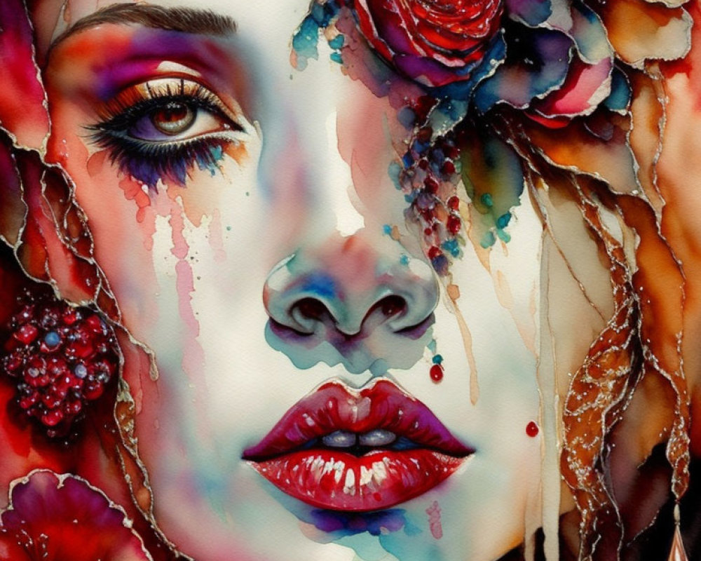 Vibrant watercolor painting of woman's face with floral elements