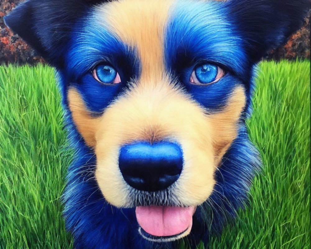 Dog Portrait with Striking Blue Eyes and Tri-Colored Coat on Grassy Background