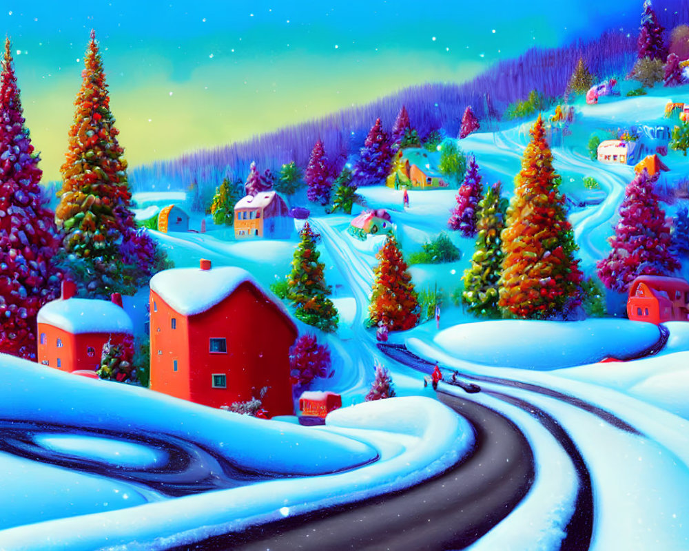 Snowy Winter Landscape with Colorful Houses and Trees at Twilight