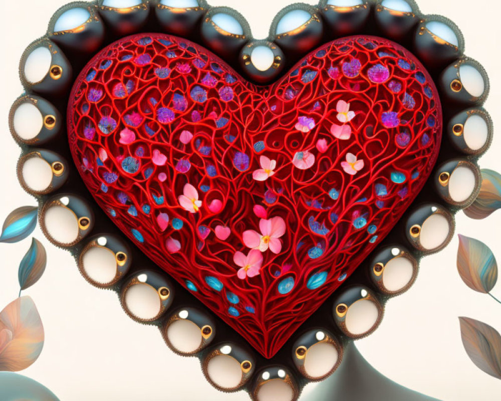 Colorful 3D heart with floral patterns and abstract tentacles with eyes