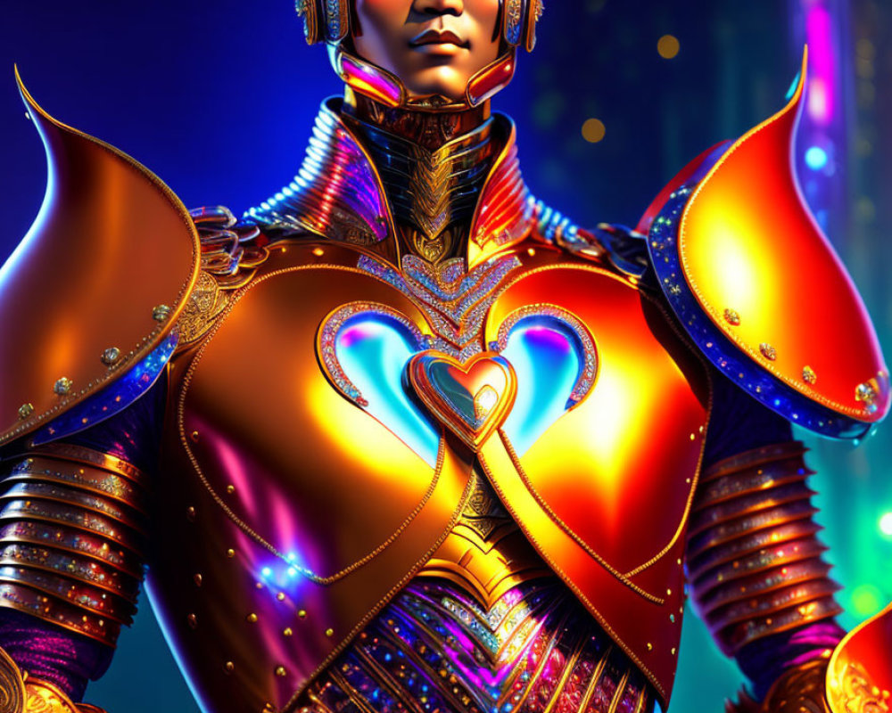 Character in Ornate Armor with Heart Design on Bokeh Light Background