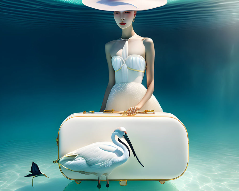 Surreal image: Woman in hat with suitcase on water with manta ray