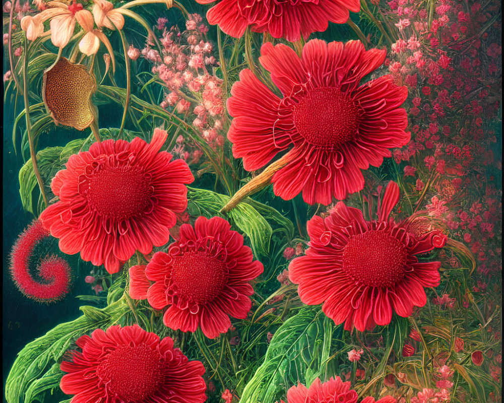 Colorful Red Gerbera Flowers with Pink Blooms and Fern Frond