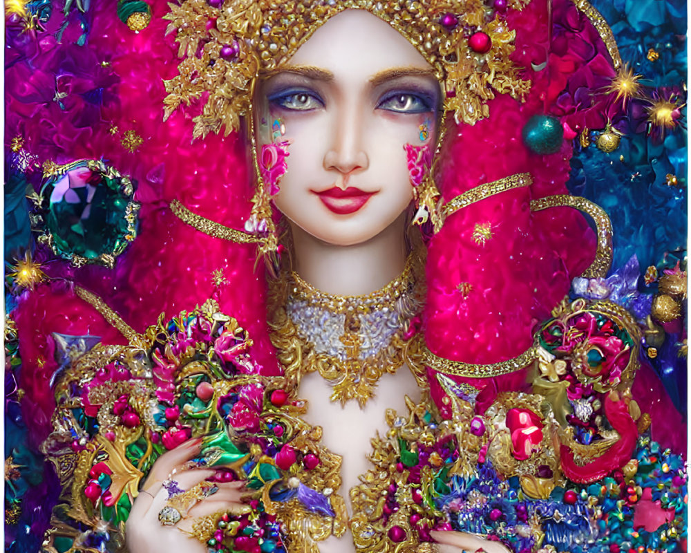 Colorful fantasy artwork of a woman in gold jewelry with gems and florals.