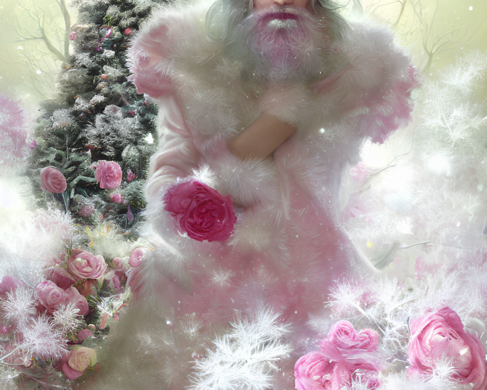 Ethereal figure in pink and white outfit near snow-dusted Christmas tree