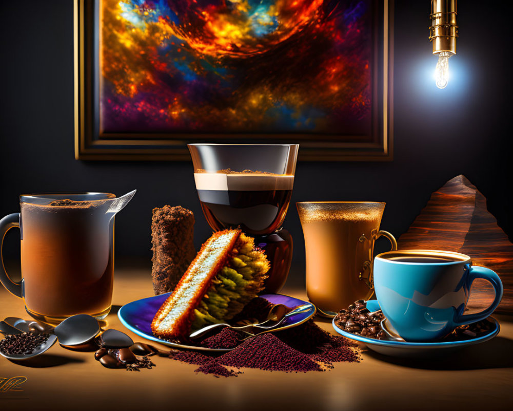 Coffee-themed still life with cups, beans, cake, and nebula painting