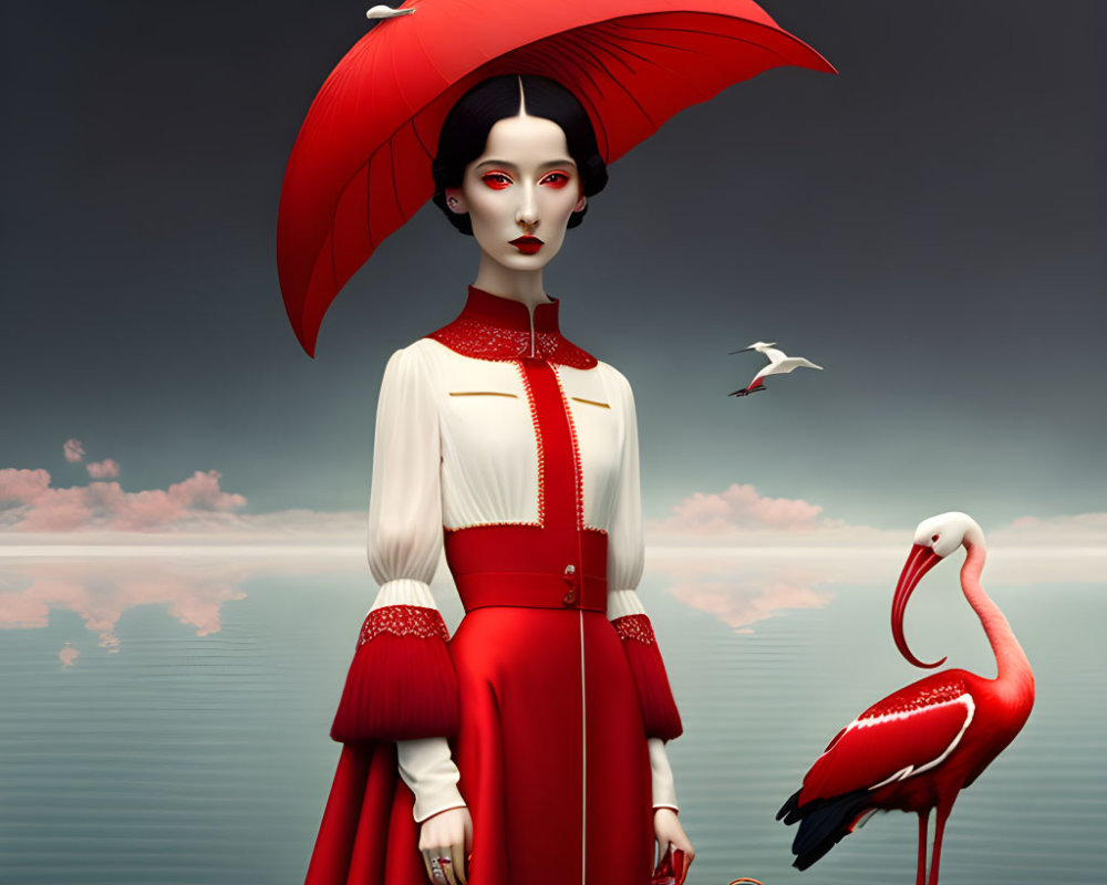 Stylized woman with red accents holding umbrella next to flamingo under cloudy sky
