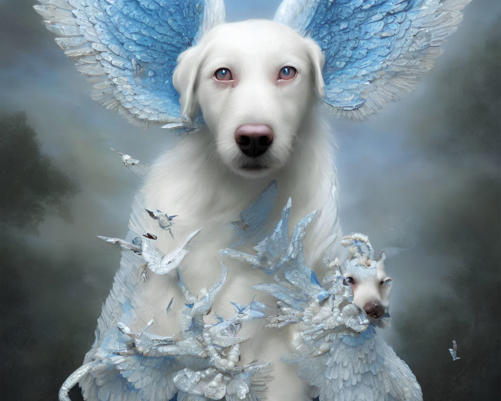 Majestic white dog with blue wings and small creatures on fur