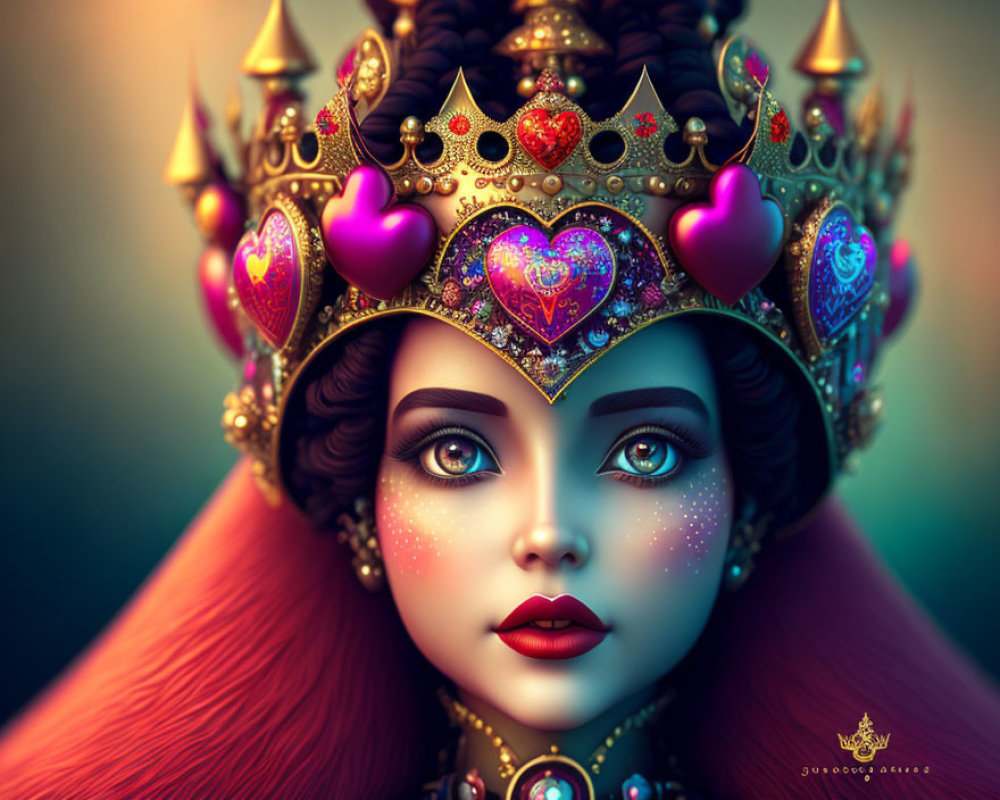 Regal female character with blue eyes, golden crown, and red hair