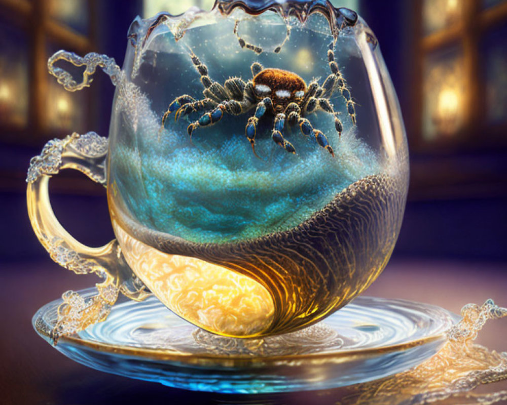 Spider in ornate teacup on saucer against stormy sea backdrop