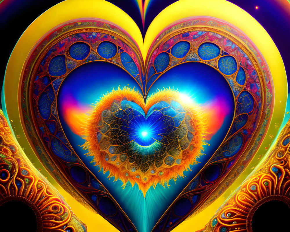 Colorful Heart-Shaped Fractal Art in Blue, Orange, and Yellow