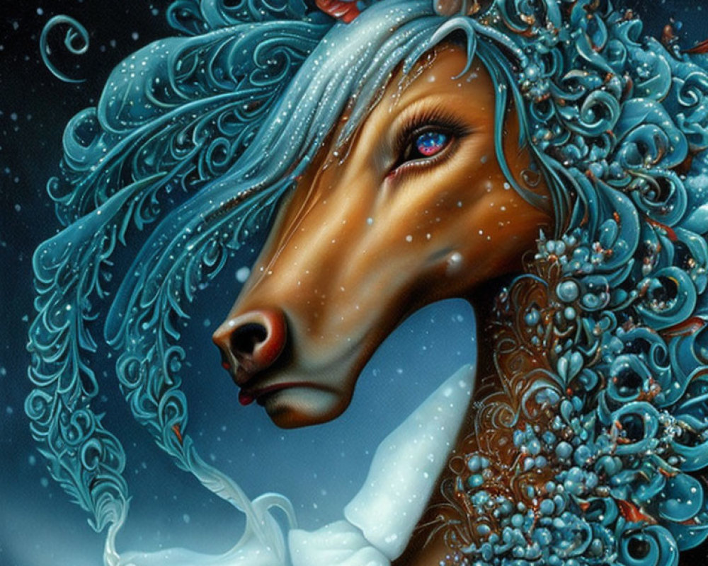 Majestic horse illustration with swirling mane in starry night sky