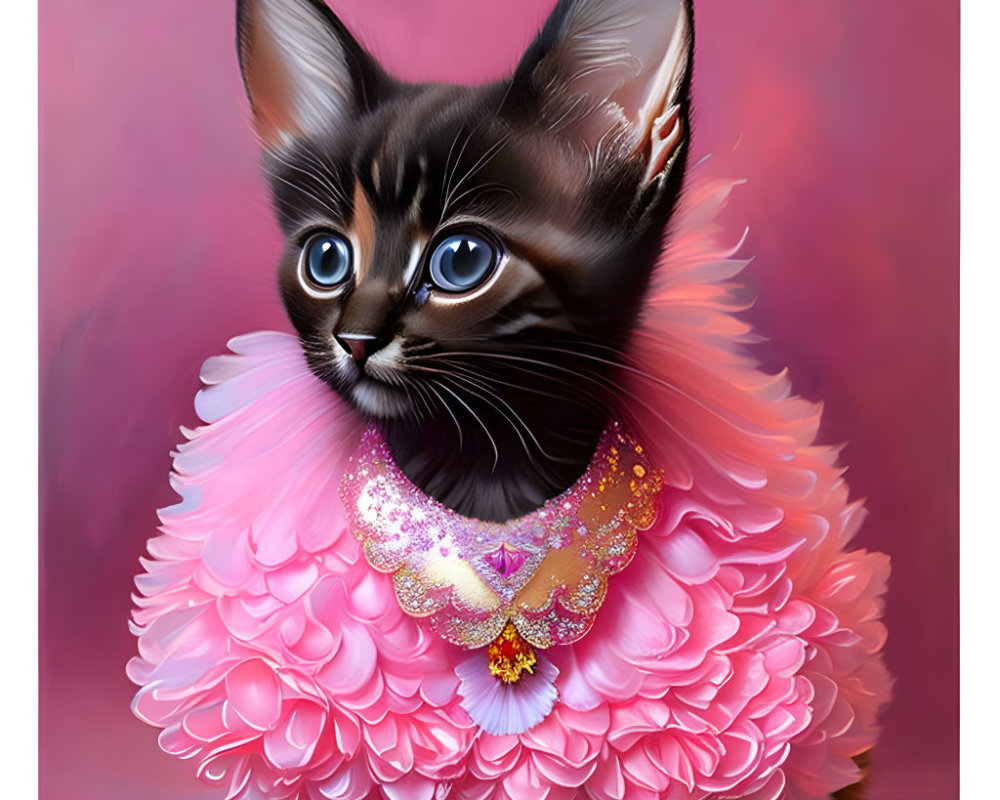 Stylized illustration of a kitten with big blue eyes and a fluffy pink ruffled collar.