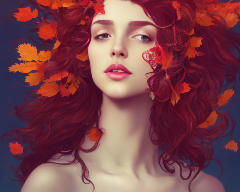 Vibrant red-haired woman with autumn leaves and butterfly on blue background